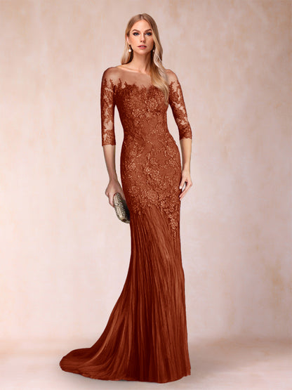 Robe de Mère de la Mariée à Manches 3/4 Style Sirène/Trompette avec Appliques