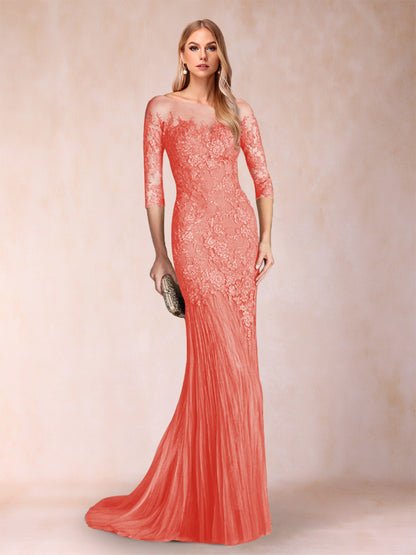 Robe de Mère de la Mariée à Manches 3/4 Style Sirène/Trompette avec Appliques
