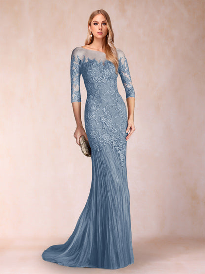 Robe de Mère de la Mariée à Manches 3/4 Style Sirène/Trompette avec Appliques