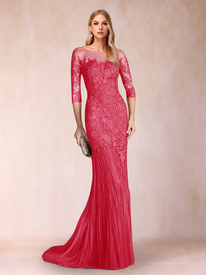 Robe de Mère de la Mariée à Manches 3/4 Style Sirène/Trompette avec Appliques