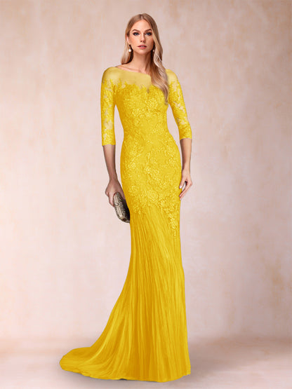 Robe de Mère de la Mariée à Manches 3/4 Style Sirène/Trompette avec Appliques