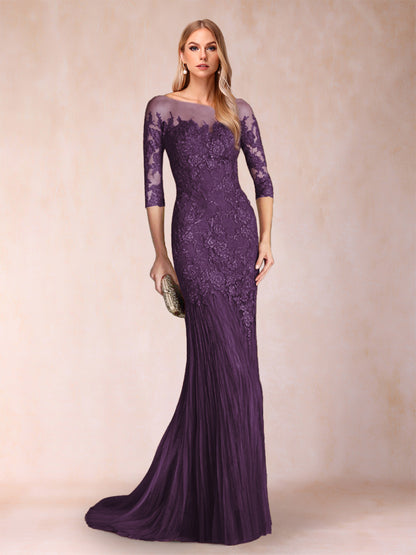 Robe de Mère de la Mariée à Manches 3/4 Style Sirène/Trompette avec Appliques