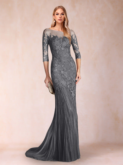 Robe de Mère de la Mariée à Manches 3/4 Style Sirène/Trompette avec Appliques