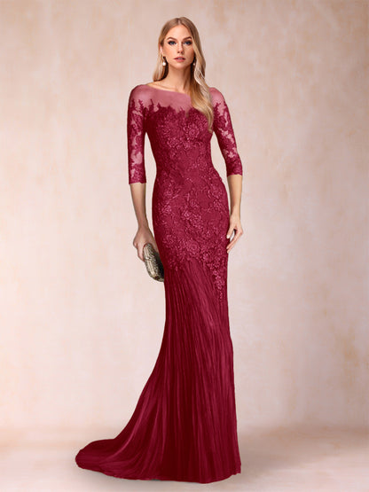 Robe de Mère de la Mariée à Manches 3/4 Style Sirène/Trompette avec Appliques