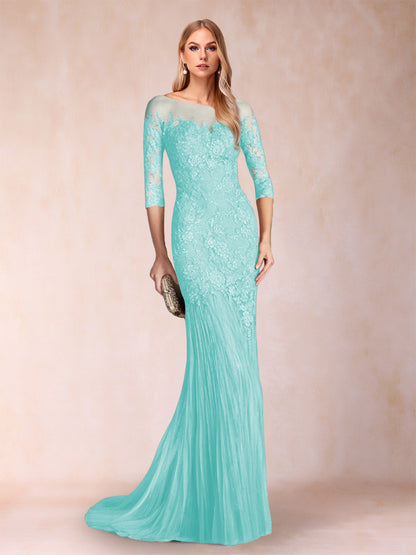 Robe de Mère de la Mariée à Manches 3/4 Style Sirène/Trompette avec Appliques