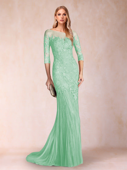 Robe de Mère de la Mariée à Manches 3/4 Style Sirène/Trompette avec Appliques