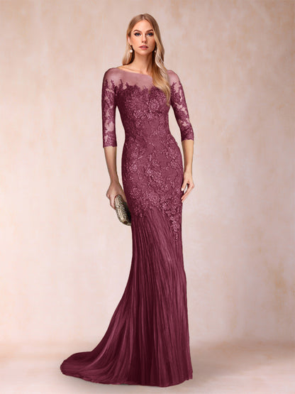 Robe de Mère de la Mariée à Manches 3/4 Style Sirène/Trompette avec Appliques