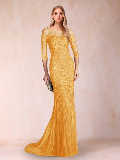 Robe de Mère de la Mariée à Manches 3/4 Style Sirène/Trompette avec Appliques