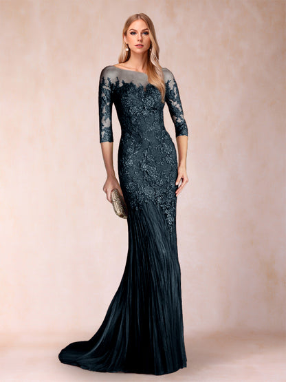 Robe de Mère de la Mariée à Manches 3/4 Style Sirène/Trompette avec Appliques