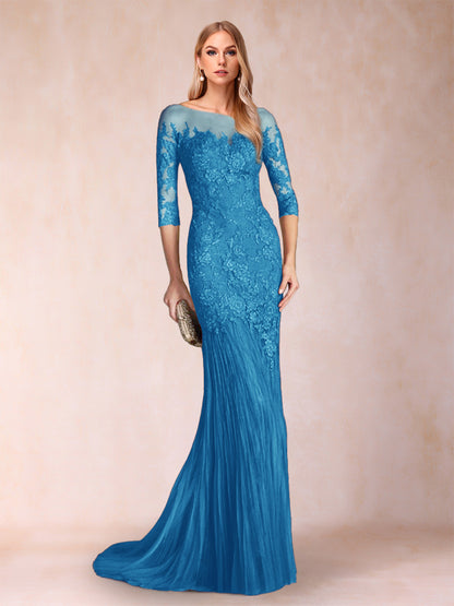 Robe de Mère de la Mariée à Manches 3/4 Style Sirène/Trompette avec Appliques