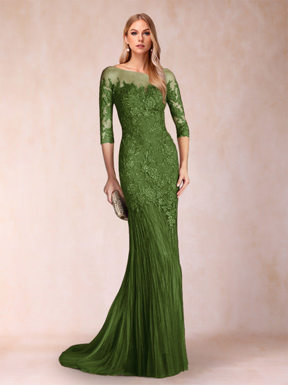 Robe de Mère de la Mariée à Manches 3/4 Style Sirène/Trompette avec Appliques