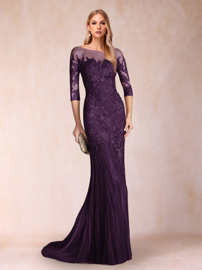 Robe de Mère de la Mariée à Manches 3/4 Style Sirène/Trompette avec Appliques