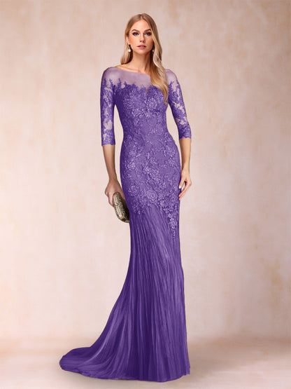 Robe de Mère de la Mariée à Manches 3/4 Style Sirène/Trompette avec Appliques