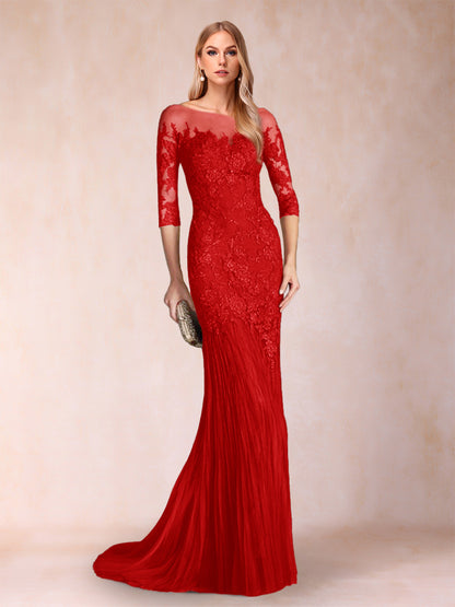 Robe de Mère de la Mariée à Manches 3/4 Style Sirène/Trompette avec Appliques