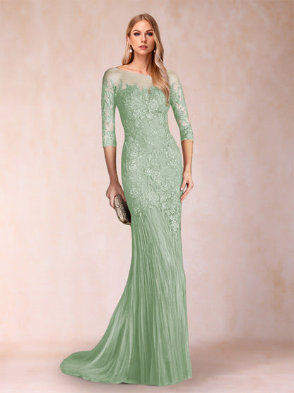 Robe de Mère de la Mariée à Manches 3/4 Style Sirène/Trompette avec Appliques