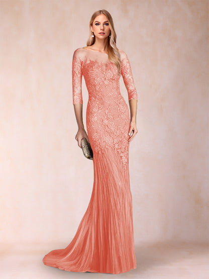 Robe de Mère de la Mariée à Manches 3/4 Style Sirène/Trompette avec Appliques