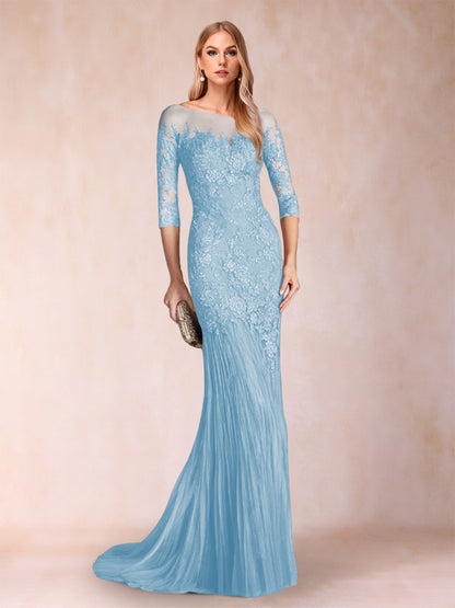 Robe de Mère de la Mariée à Manches 3/4 Style Sirène/Trompette avec Appliques