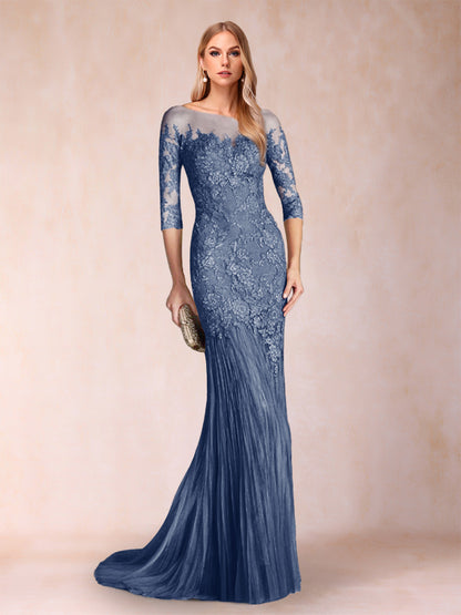 Robe de Mère de la Mariée à Manches 3/4 Style Sirène/Trompette avec Appliques