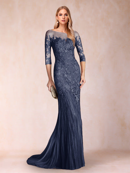 Robe de Mère de la Mariée à Manches 3/4 Style Sirène/Trompette avec Appliques