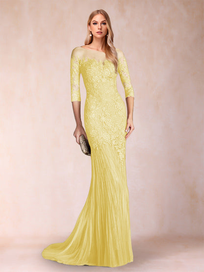 Robe de Mère de la Mariée à Manches 3/4 Style Sirène/Trompette avec Appliques