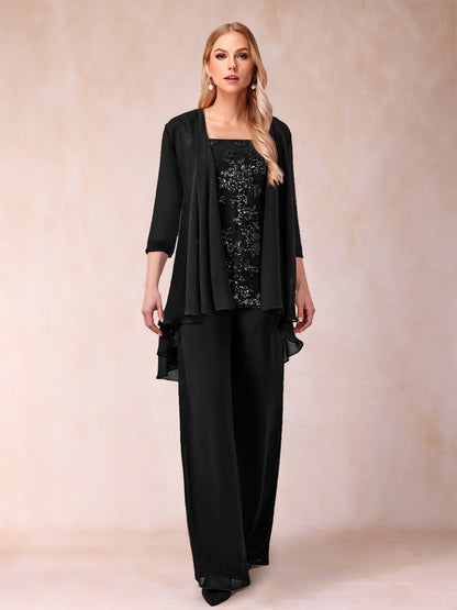 Ensemble 3 Pièces En Mousseline de Soie à Manches 3/4 avec Appliques et Veste