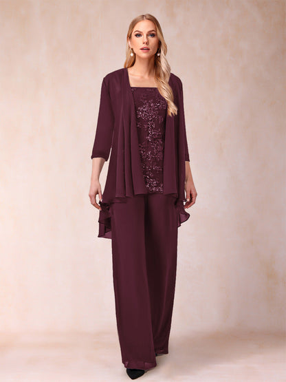 Ensemble 3 Pièces En Mousseline de Soie à Manches 3/4 avec Appliques et Veste