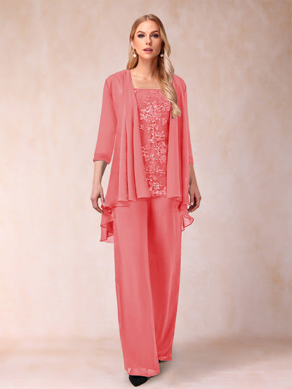 Ensemble 3 Pièces En Mousseline de Soie à Manches 3/4 avec Appliques et Veste