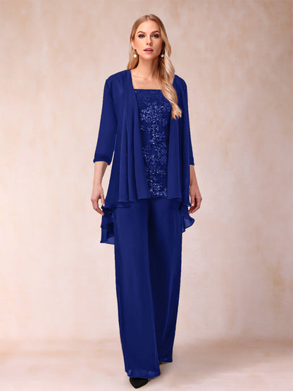 Ensemble 3 Pièces En Mousseline de Soie à Manches 3/4 avec Appliques et Veste