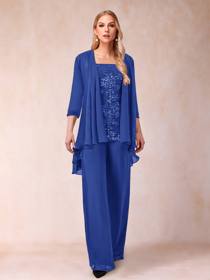 Ensemble 3 Pièces En Mousseline de Soie à Manches 3/4 avec Appliques et Veste