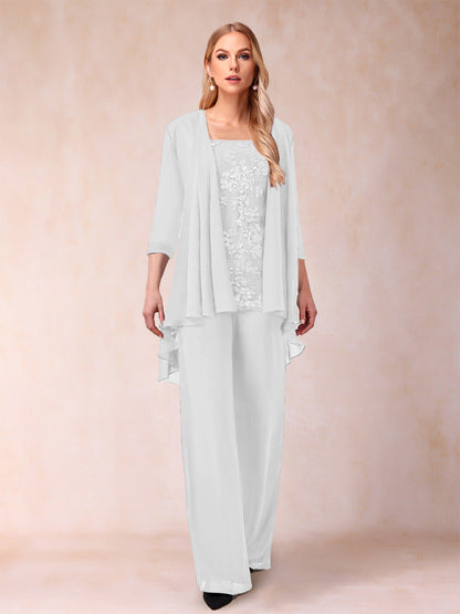 Ensemble 3 Pièces En Mousseline de Soie à Manches 3/4 avec Appliques et Veste