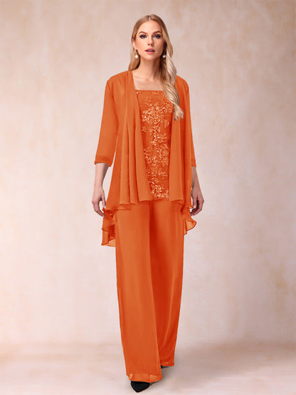 Ensemble 3 Pièces En Mousseline de Soie à Manches 3/4 avec Appliques et Veste