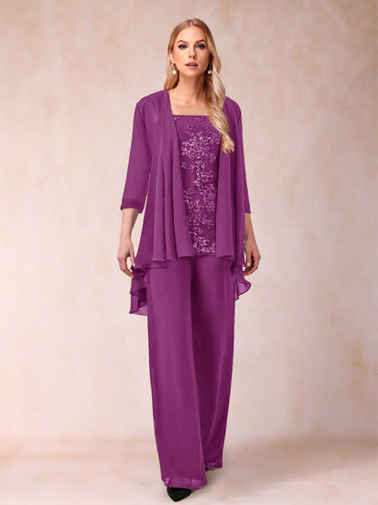 Ensemble 3 Pièces En Mousseline de Soie à Manches 3/4 avec Appliques et Veste
