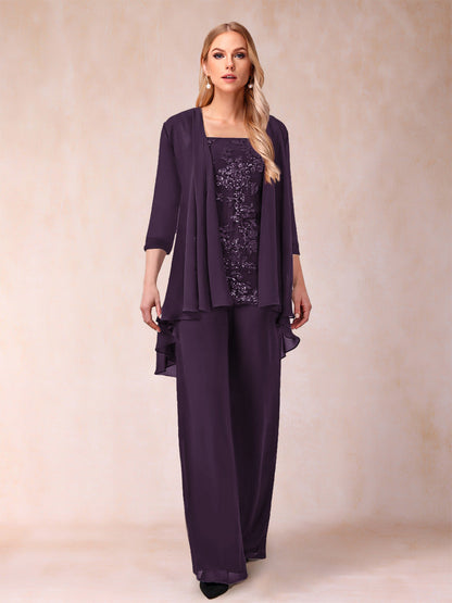 Ensemble 3 Pièces En Mousseline de Soie à Manches 3/4 avec Appliques et Veste