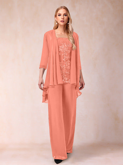 Ensemble 3 Pièces En Mousseline de Soie à Manches 3/4 avec Appliques et Veste