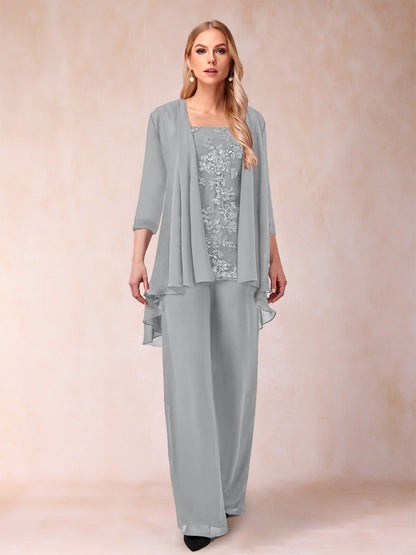 Ensemble 3 Pièces En Mousseline de Soie à Manches 3/4 avec Appliques et Veste