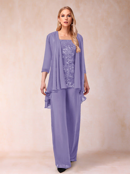 Ensemble 3 Pièces En Mousseline de Soie à Manches 3/4 avec Appliques et Veste