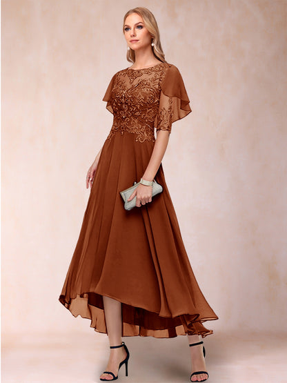 Robe de Mère de la Mariée Coupe A-Line/Princess à Manches Courtes et Décolleté Plongeant avec Appliques