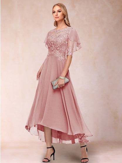 Robe de Mère de la Mariée Coupe A-Line/Princess à Manches Courtes et Décolleté Plongeant avec Appliques