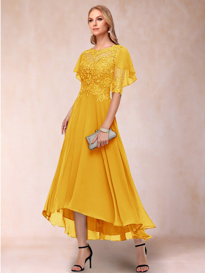 Robe de Mère de la Mariée Coupe A-Line/Princess à Manches Courtes et Décolleté Plongeant avec Appliques