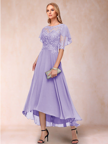 Robe de Mère de la Mariée Coupe A-Line/Princess à Manches Courtes et Décolleté Plongeant avec Appliques