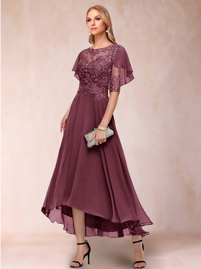 Robe de Mère de la Mariée Coupe A-Line/Princess à Manches Courtes et Décolleté Plongeant avec Appliques