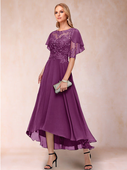 Robe de Mère de la Mariée Coupe A-Line/Princess à Manches Courtes et Décolleté Plongeant avec Appliques