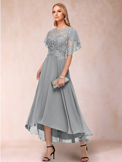Robe de Mère de la Mariée Coupe A-Line/Princess à Manches Courtes et Décolleté Plongeant avec Appliques