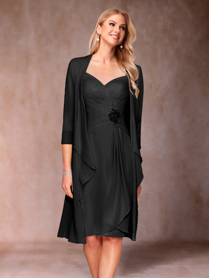 Robe de Mère de la Mariée Deux Piècesà Col En V et Manches 3/4 avec Fronces et Veste