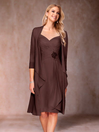 Robe de Mère de la Mariée Deux Piècesà Col En V et Manches 3/4 avec Fronces et Veste