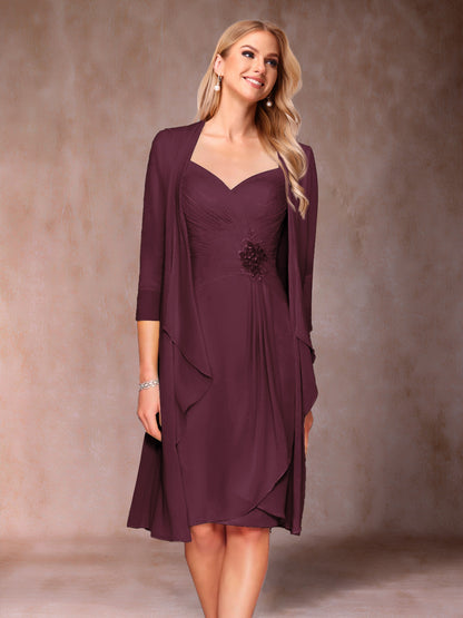 Robe de Mère de la Mariée Deux Piècesà Col En V et Manches 3/4 avec Fronces et Veste