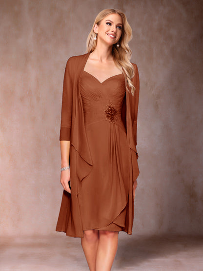 Robe de Mère de la Mariée Deux Piècesà Col En V et Manches 3/4 avec Fronces et Veste
