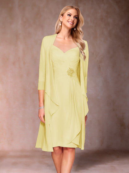 Robe de Mère de la Mariée Deux Piècesà Col En V et Manches 3/4 avec Fronces et Veste