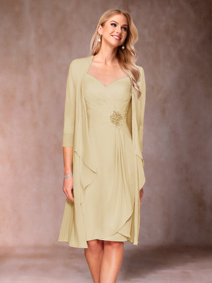 Robe de Mère de la Mariée Deux Piècesà Col En V et Manches 3/4 avec Fronces et Veste