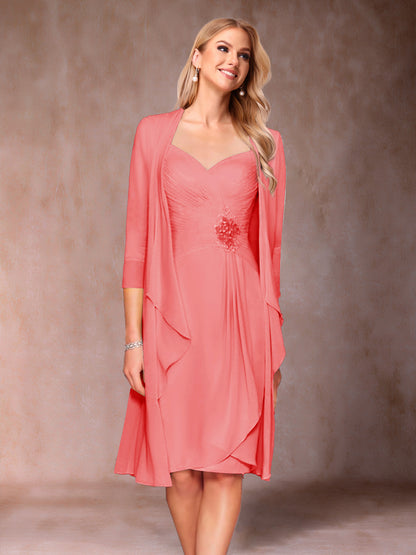 Robe de Mère de la Mariée Deux Piècesà Col En V et Manches 3/4 avec Fronces et Veste